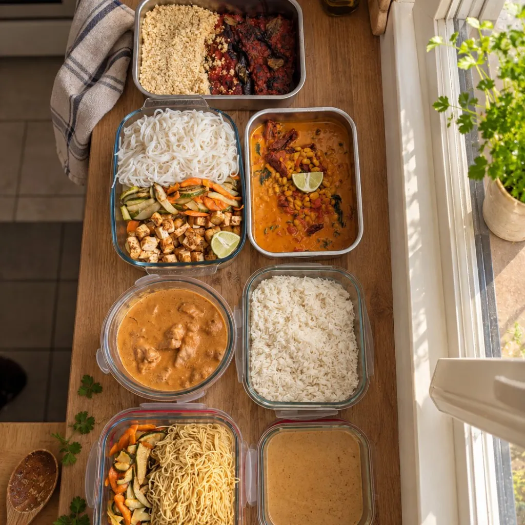 Une séance de batch cooking : boîtes de curry, riz, nouilles et légumes rôtis alignées sur le plan de travail