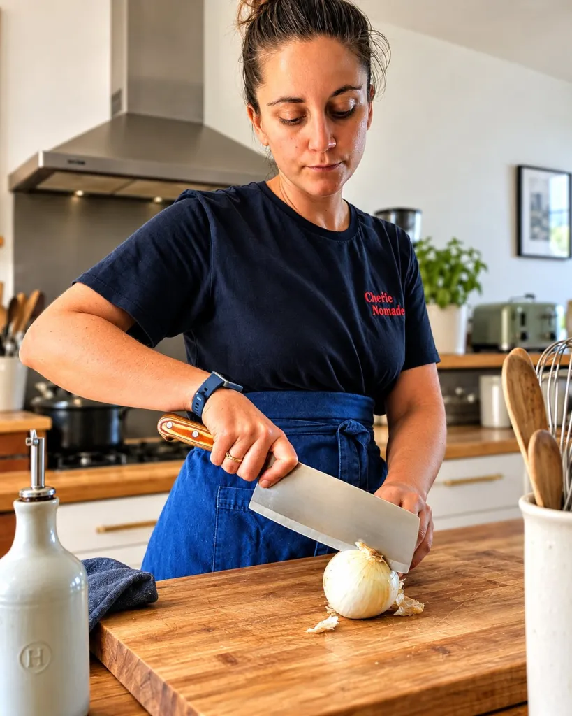 Alix en tablier, en train d'émincer un oignon dans la cuisine d'un client