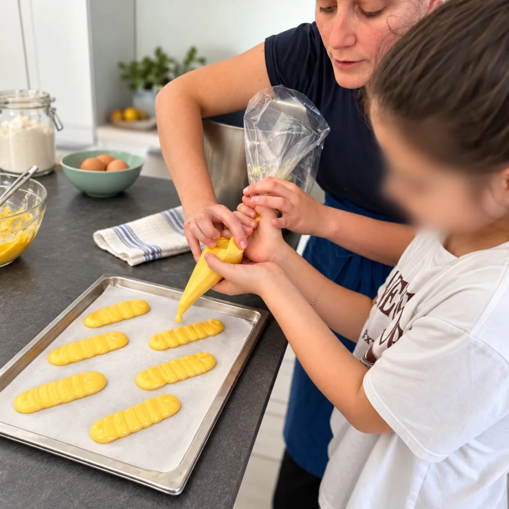 Atelier cuisine : Alix et une enfant dressent des biscuits à la poche