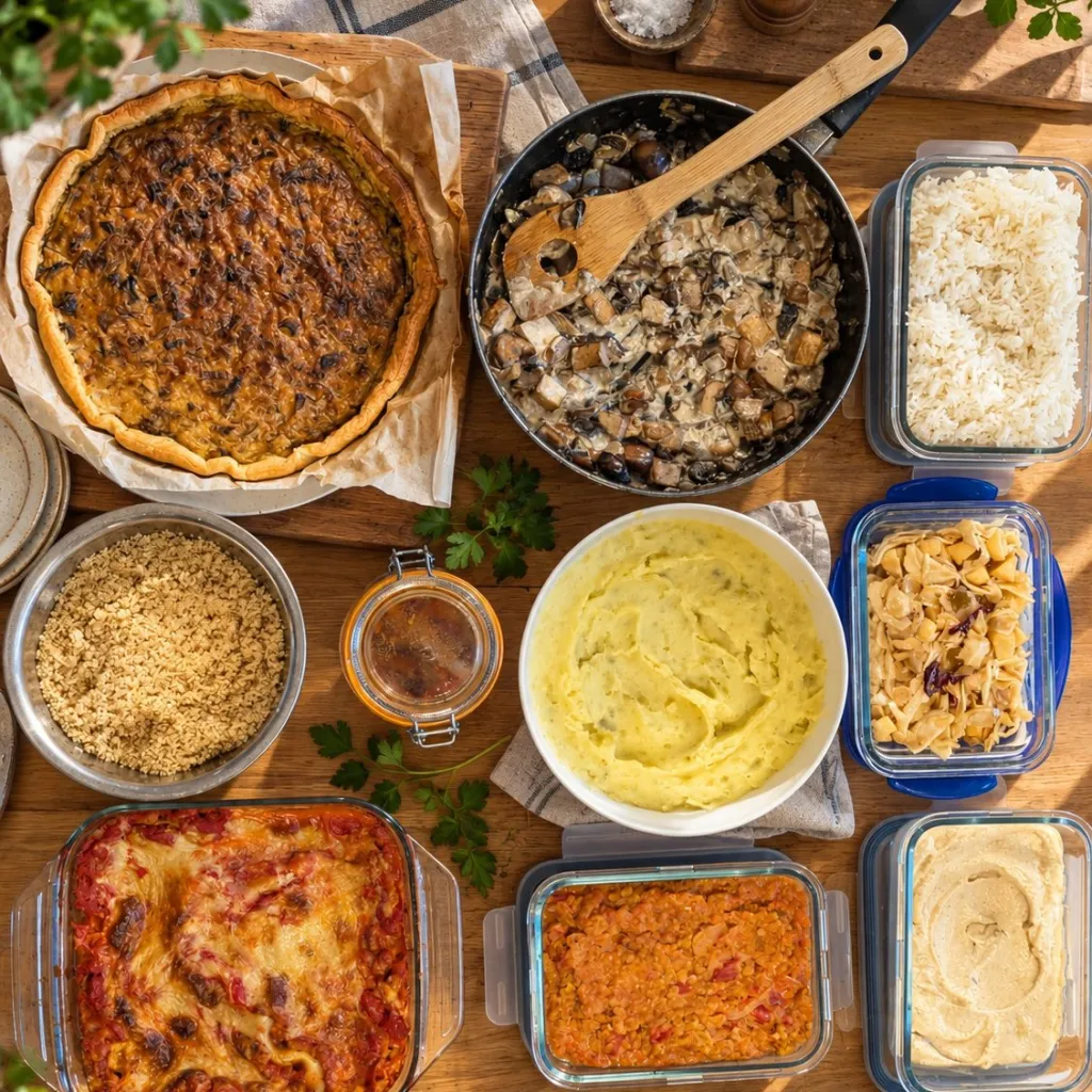 Les plats d'une séance de batch cooking : tarte, poêlée de champignons, purée, gratin et boîtes prêtes à ranger