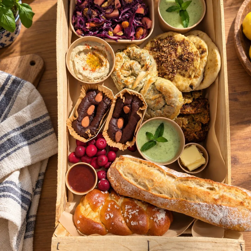 Une brunchette : cagette garnie de chou rouge, houmous, pains farcis, gâteaux, brioche et baguette maison