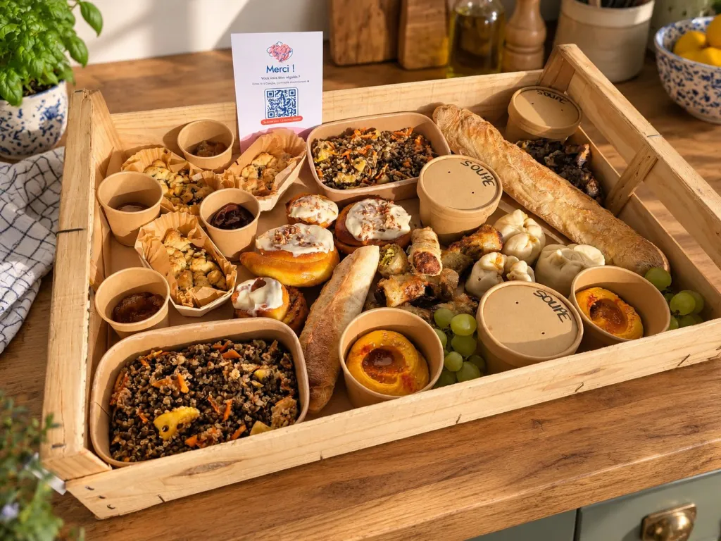 Une cagette de brunchette prête à être récupérée, avec sa carte de remerciement