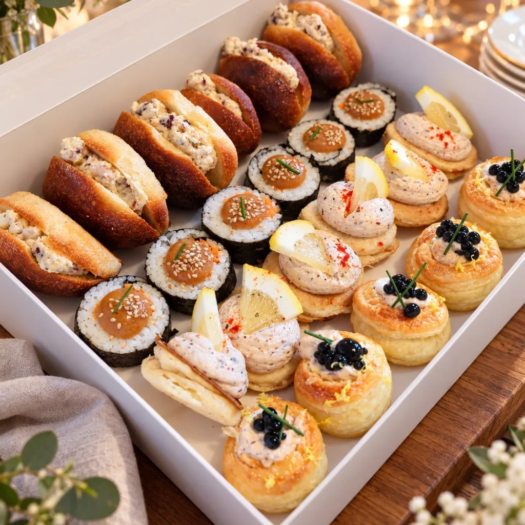 Un plateau traiteur de bouchées : makis, mini-burgers et feuilletés