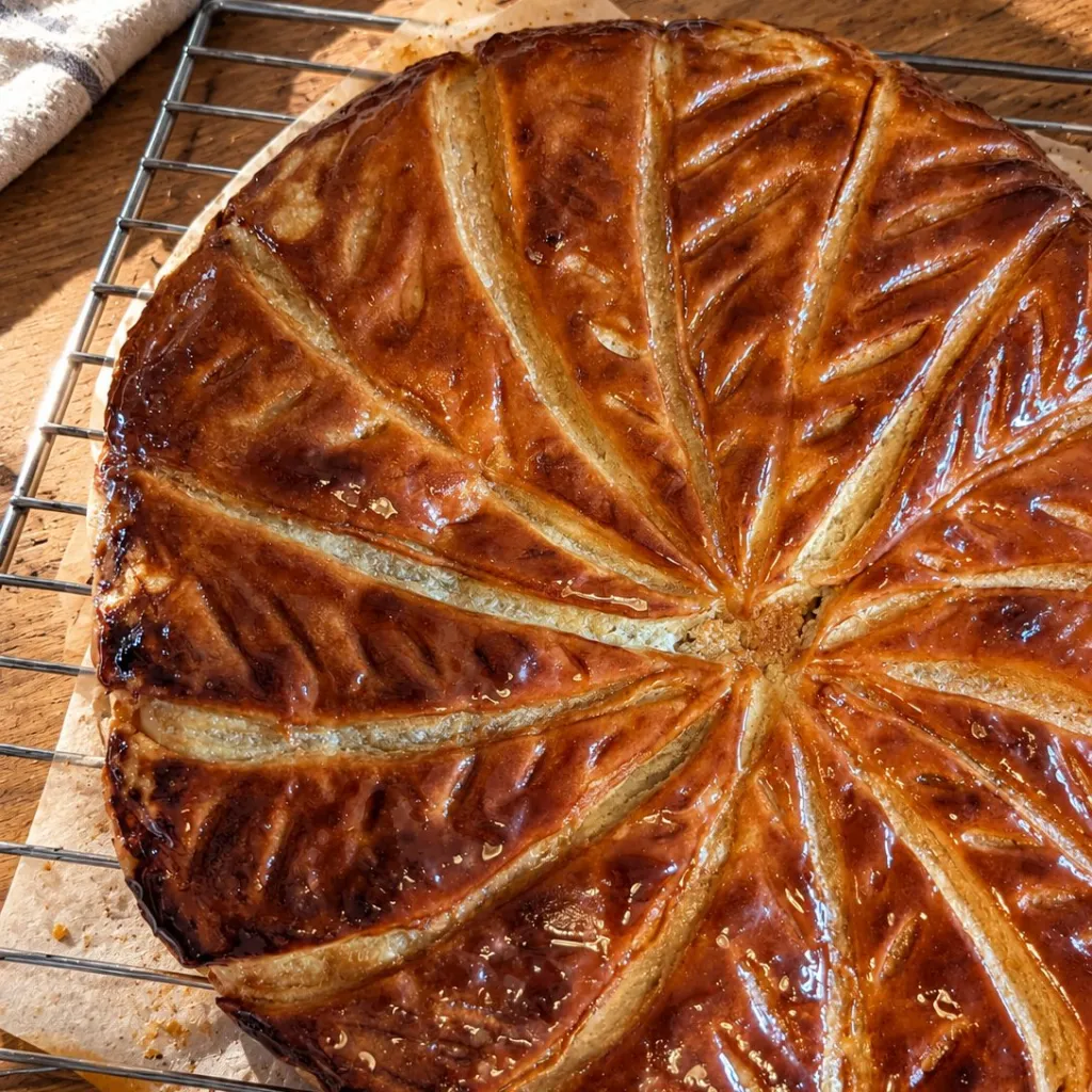 Une galette maison dorée, joliment rayée, sur sa grille